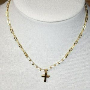 Gold Plated Stainless Steel Chain Freshwater Pearl Beads Cross‎ Pendant Necklace